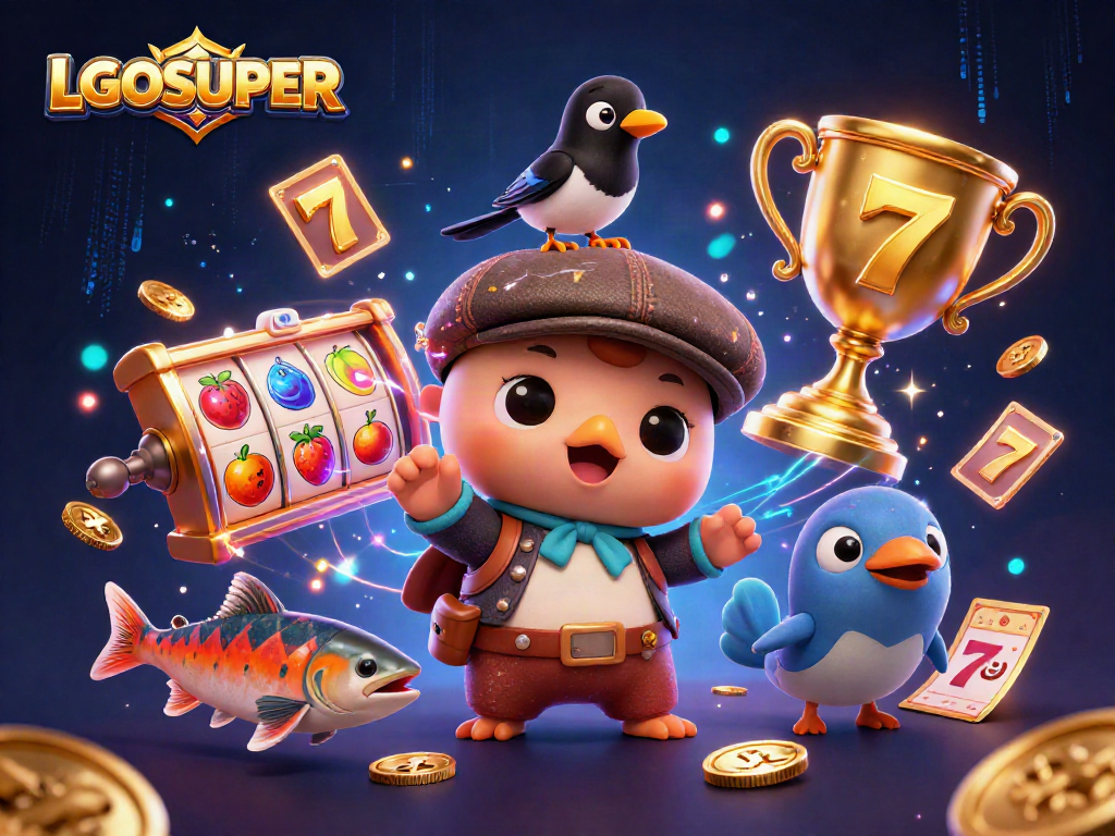 Engage with LGOSUPER while enjoying slots and jackpots in a fun casino-themed illustration.