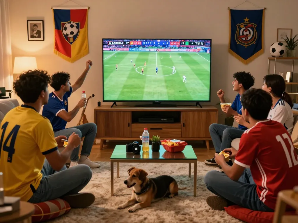 Viewers enjoying a live soccer match on Cakhia TV with vibrant atmosphere and team spirit.
