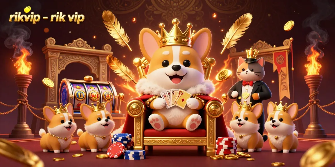 Experience the thrilling action at rikvip - rik vip with a royal corgi and gaming elements in a vibrant casino scene.