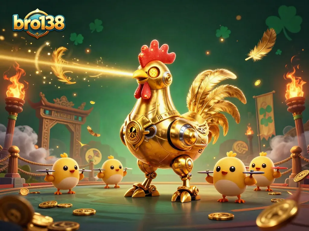 Spin into action with bro138's golden rooster robot laser engraving winning patterns in a vibrant casino arena.