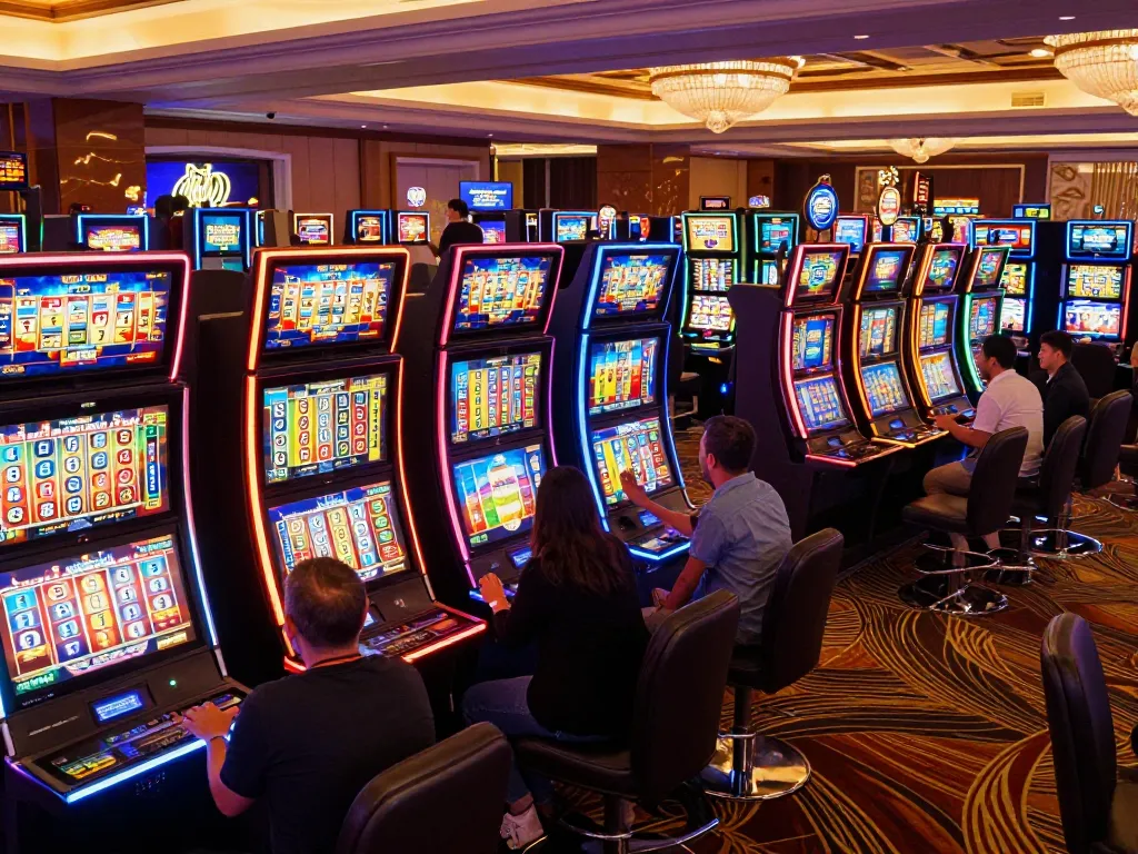 Engaging atmosphere at the link slot section of a casino with colorful machines and enthusiastic players