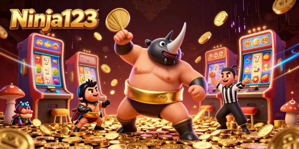 Ninja123 slot scene featuring a rhinoceros beetle sumo champion surrounded by spinning reels and golden coins.