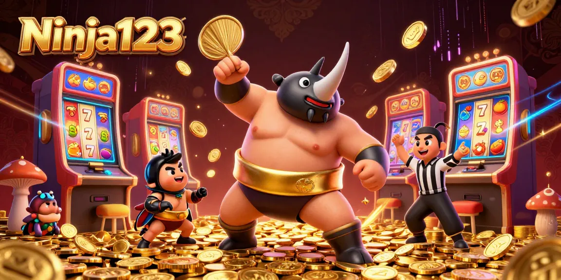 Ninja123 slot scene featuring a rhinoceros beetle sumo champion surrounded by spinning reels and golden coins.