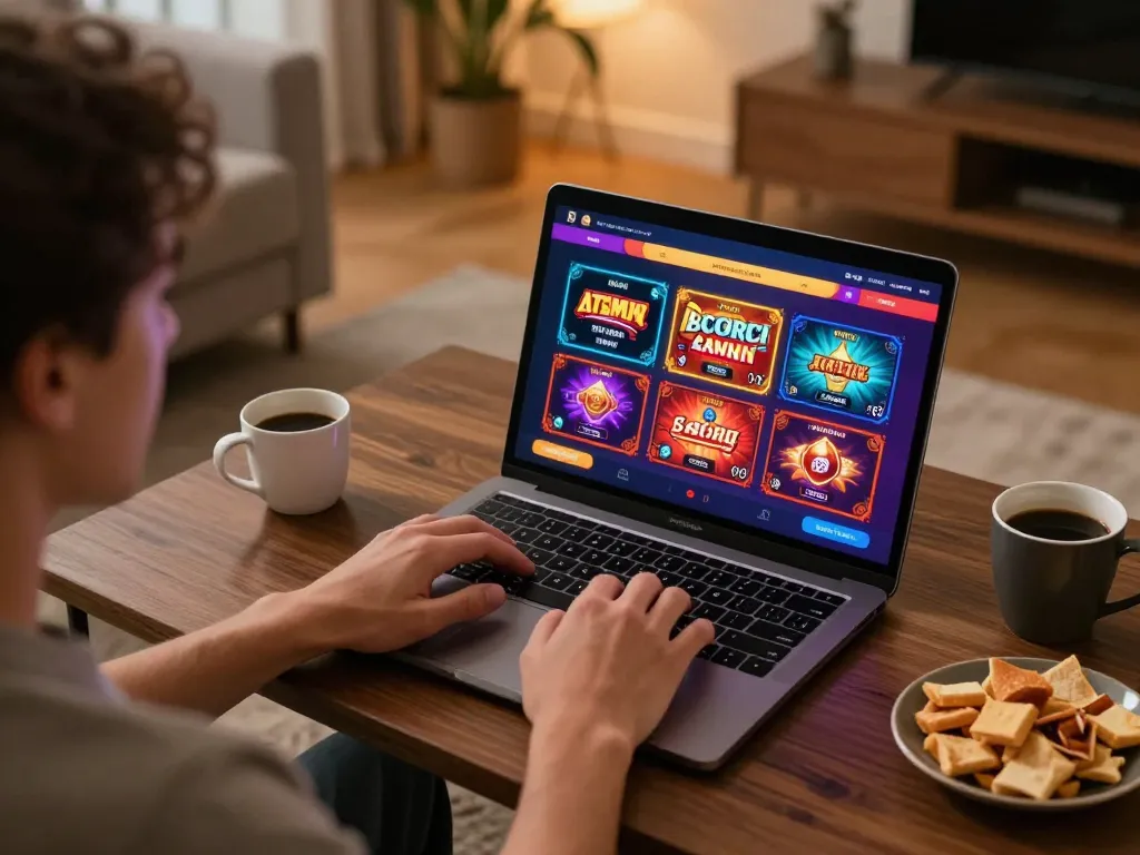 Person enjoying online gaming at shbet com with a laptop, showcasing vibrant graphics and a cozy atmosphere.