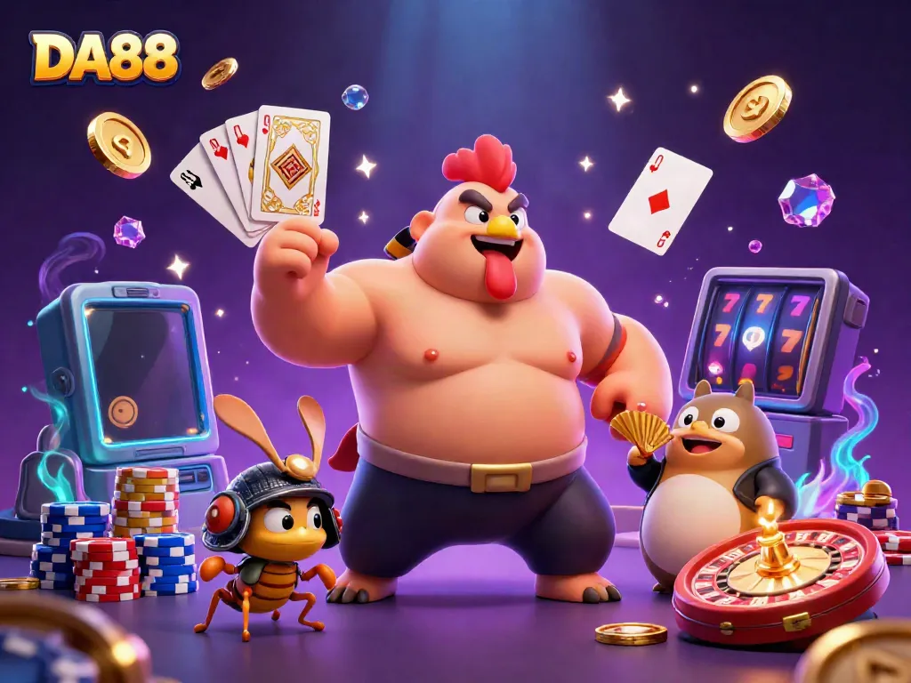 Engage with DA88's thrilling casino scene featuring a powerful sumo rooster and samurai cricket.