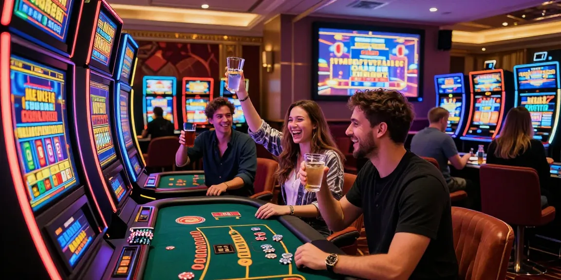 Credit card casinos excitement featuring group celebrating wins at machines found on https://being-there.org.uk with vibrant gaming ambiance.