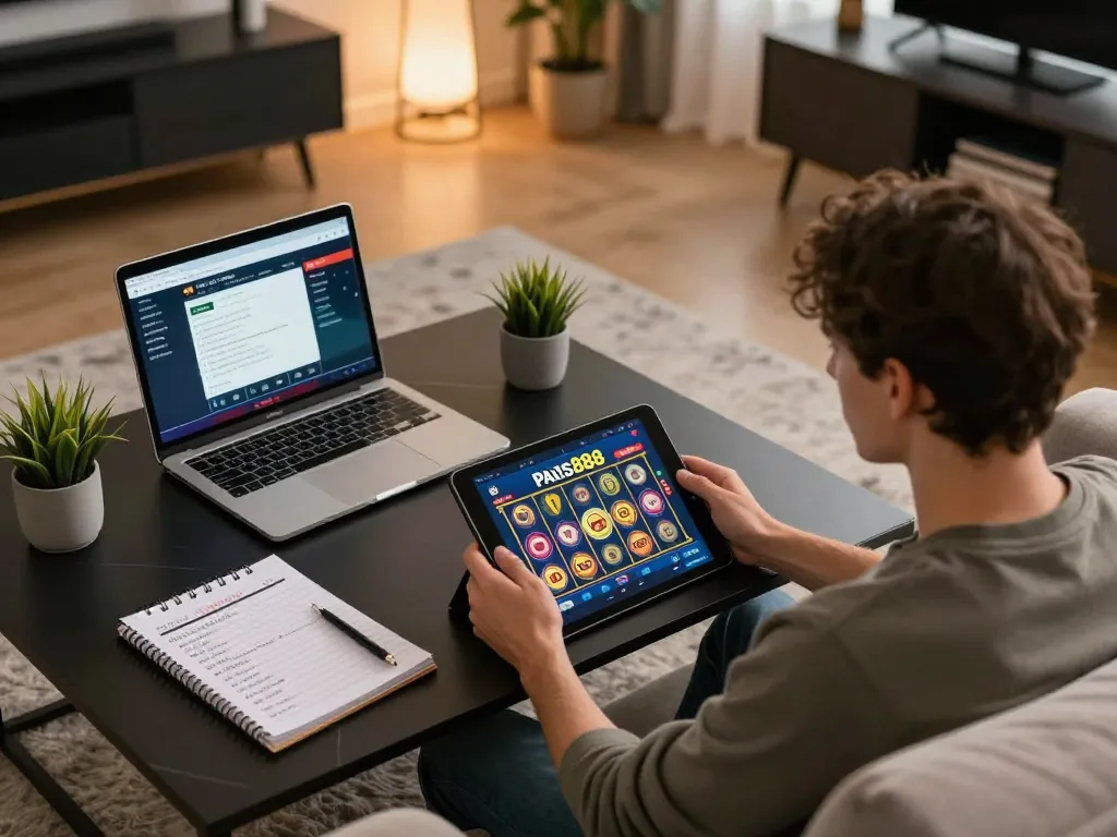 Engaging in the Paris888 online slots with a tablet in a cozy living room.