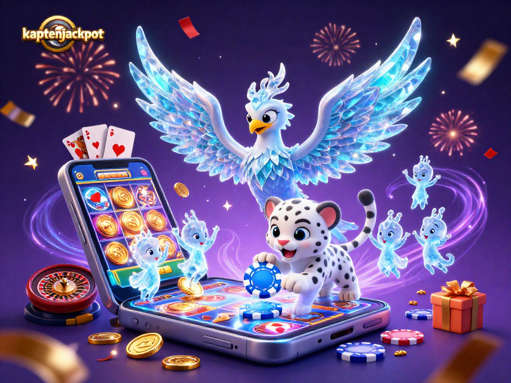 Experience the vibrant kaptenjackpot world with a dazzling ice phoenix amid festive casino elements.