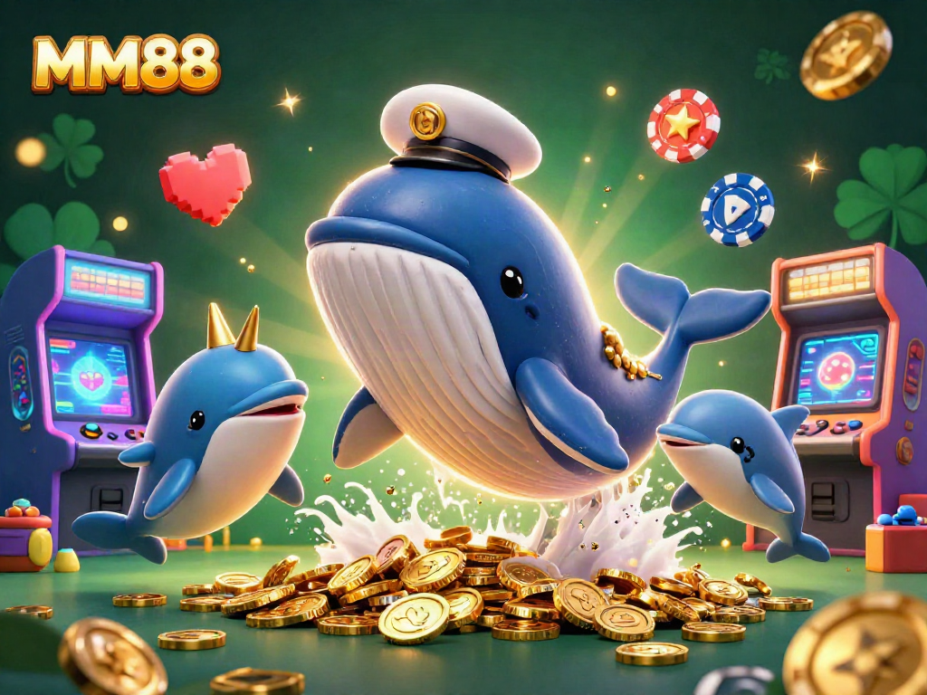 Engage in fun with MM88 while a cartoon whale, narwhal, and dolphins play in a sea of coins.