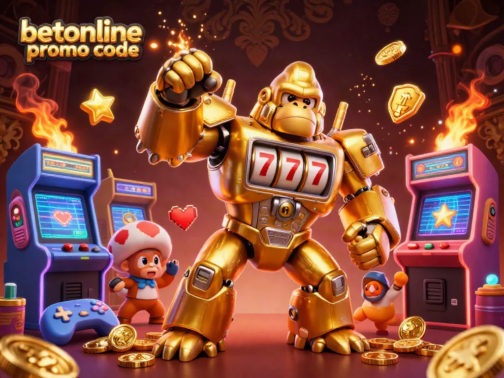Betonline promo code illustrated through a dynamic 3D composition featuring a golden gorilla mech and engaging game elements.
