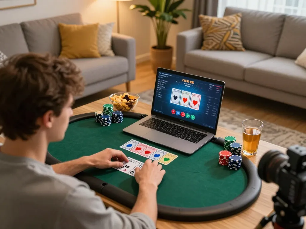 Rikvip user focused on poker game strategy with colorful chips at home