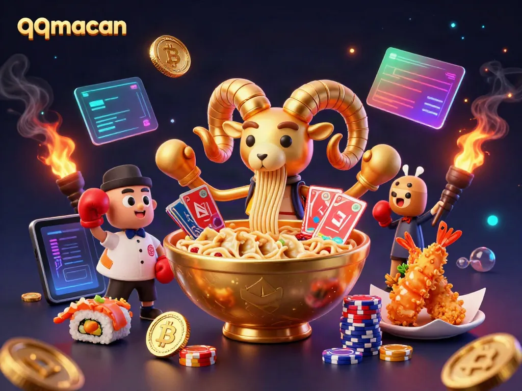 Engage with qqmacan's thrilling 3D casino scene featuring a giant ramen bowl character, chips, and crypto elements.