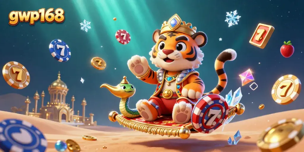 Gambaran slot mengasyikkan di gwp168 dengan simbol jackpot, sultan, dan lampu ajaib yang berkilauan.