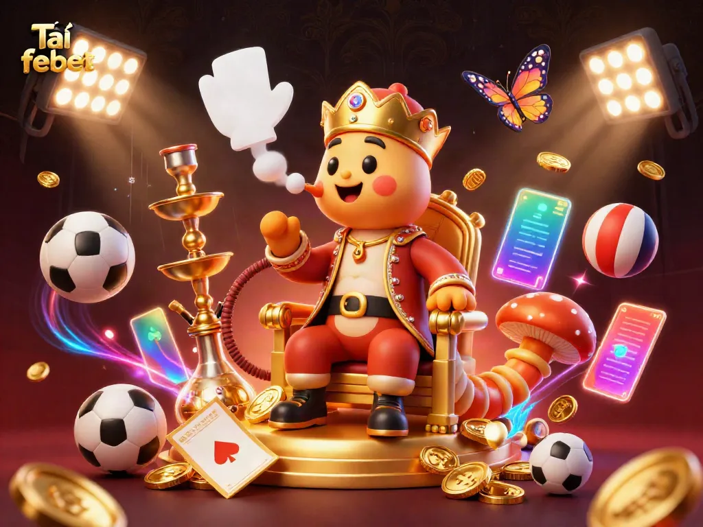 Experience thrills with Tải febet as sports balls and poker elements come alive in this vibrant 3D illustration.