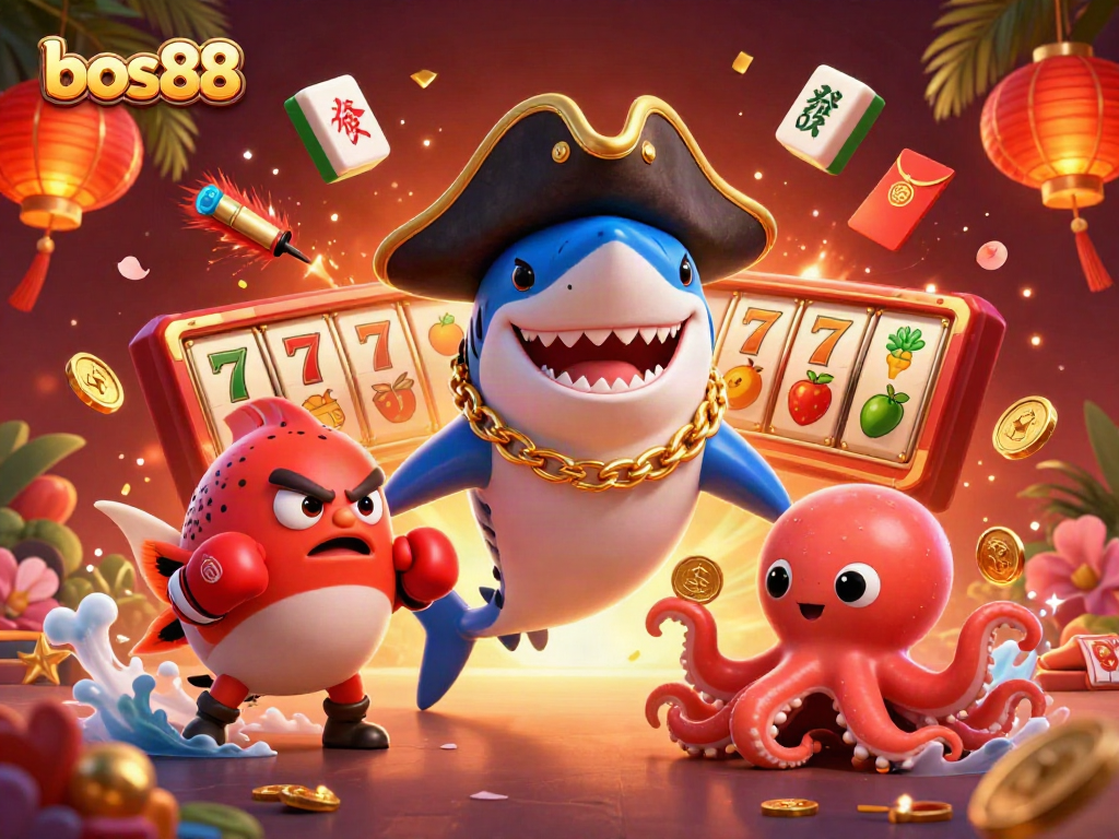 Visualisasi bos88 yang penuh warna dengan hiu kartun dan simbol slot yang berkilau serta koin emas.