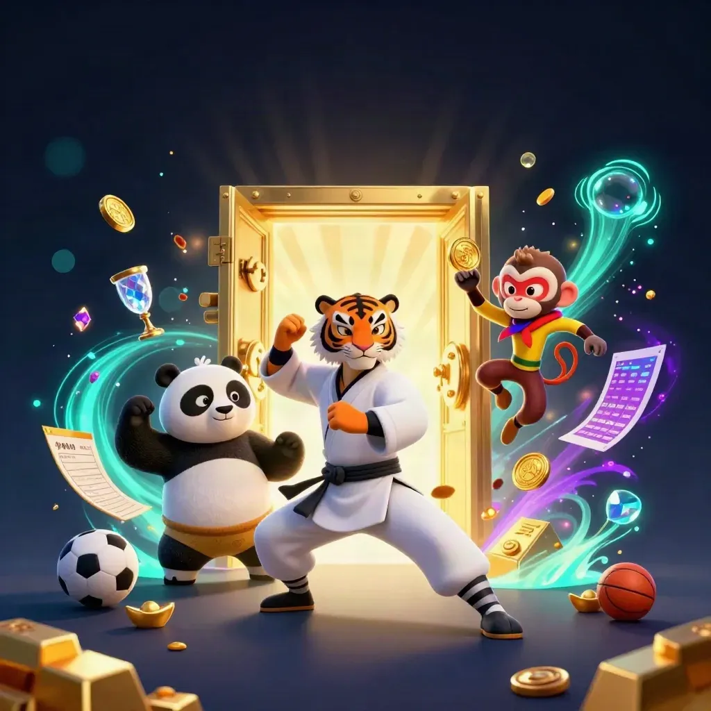 Tiger master, panda disciple, and monkey student burst from a gold vault with sports gear and neon light.