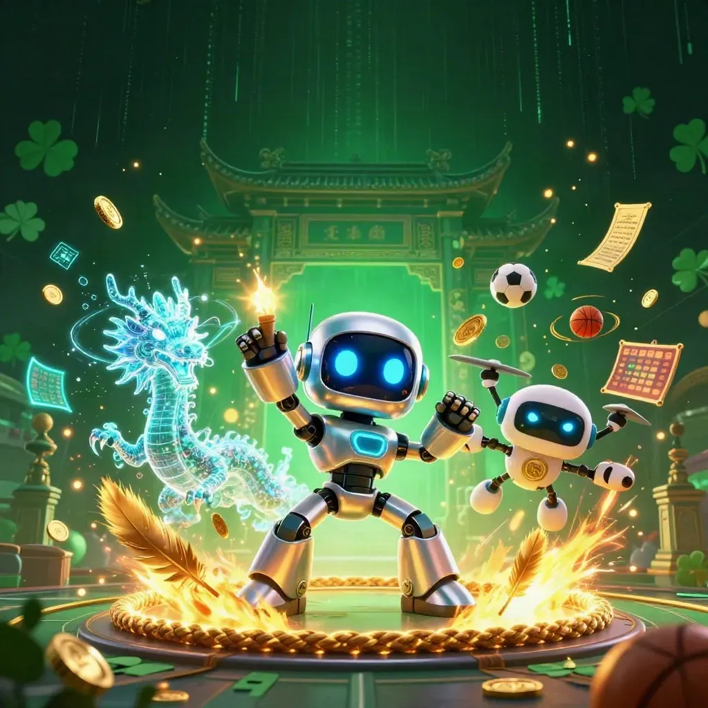 Cyberpunk robot, holographic dragon and coin drone amid neon casino energy, gold sparks and temple ruins.