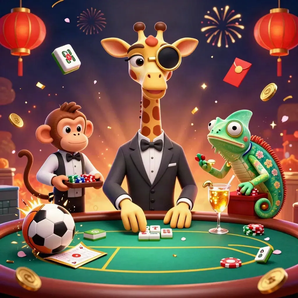 Giraffe, monkey, and chameleon casino mascots amid sports balls, lanterns, and gold sparks.