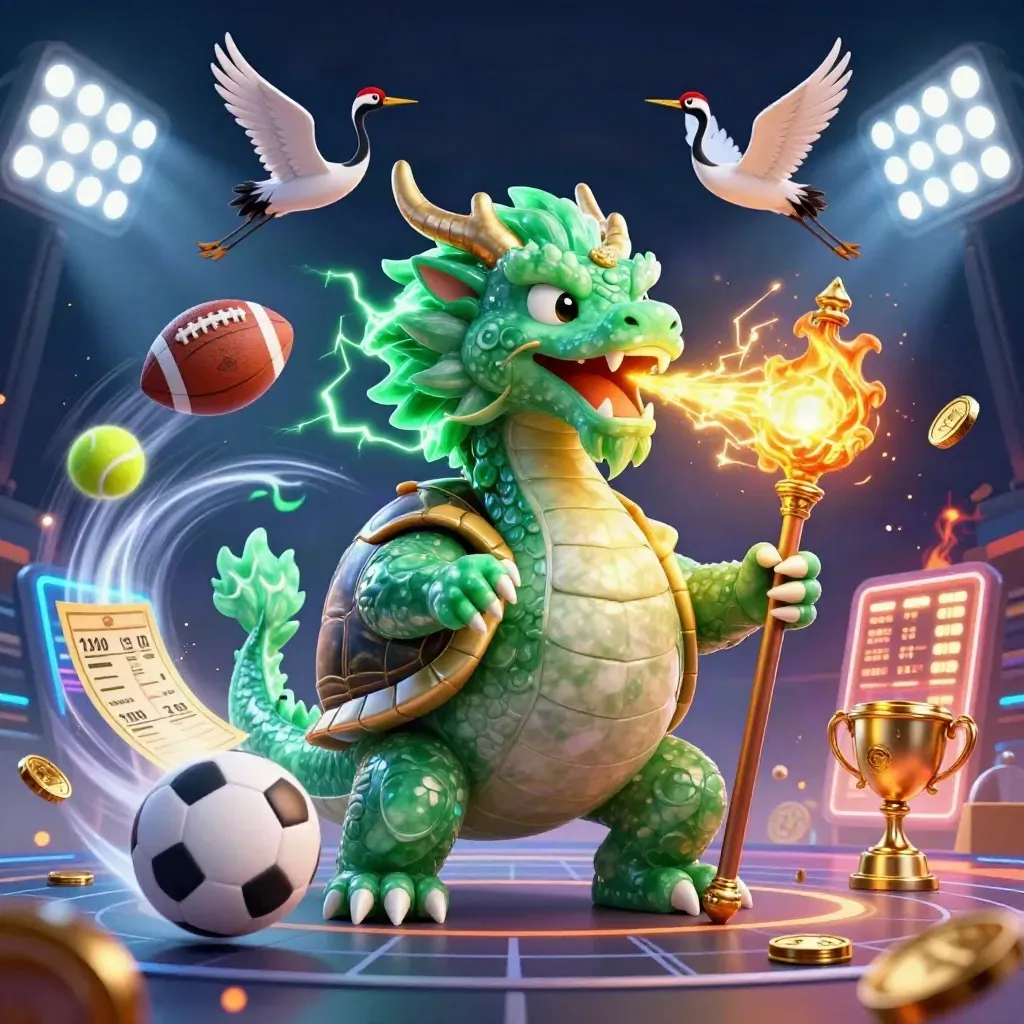 Emerald dragon, turtle sage, cranes, and flying sports balls in a neon casino arena.
