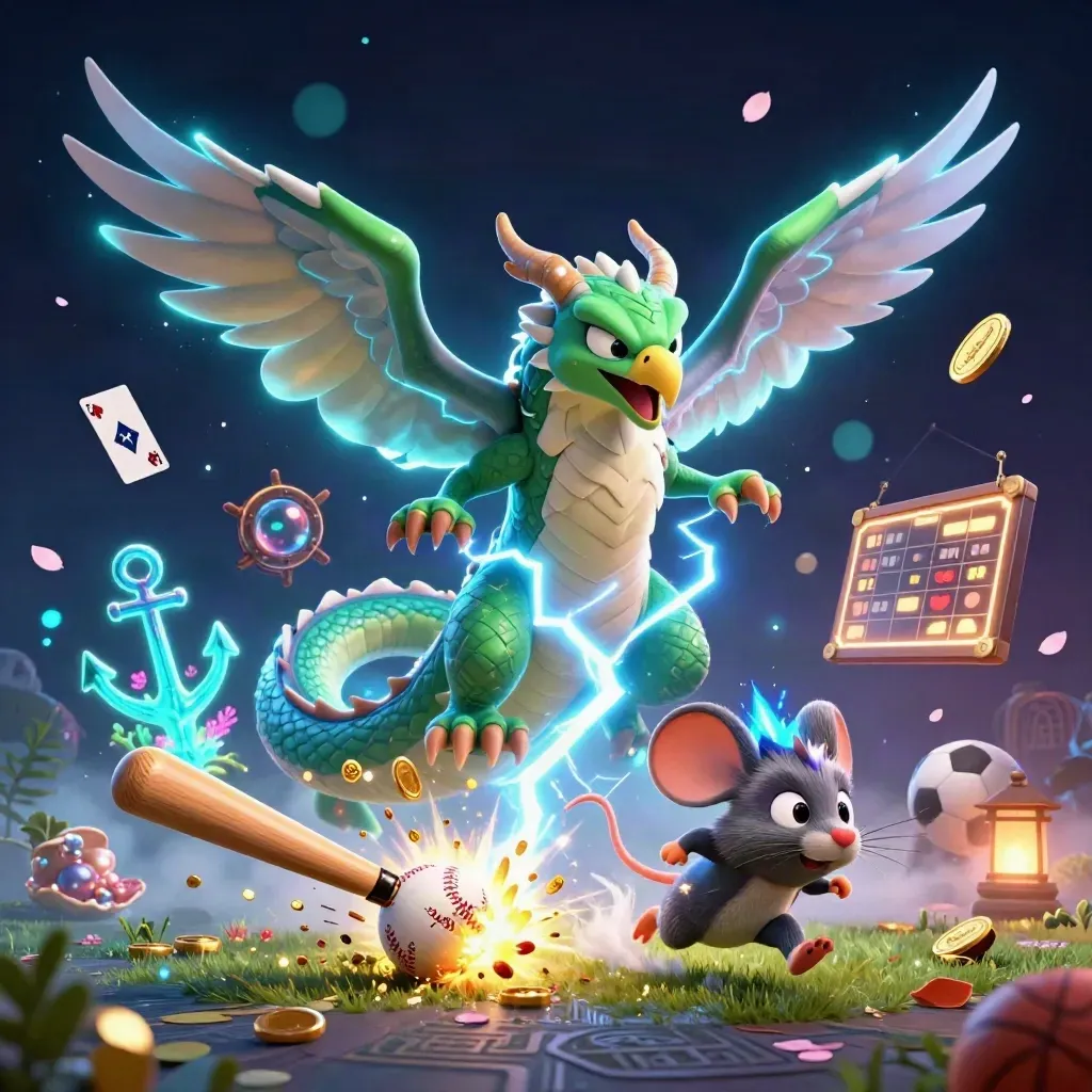 Thunder dragon, wind hawk, and static mouse amid baseball, coins, and neon arena energy.