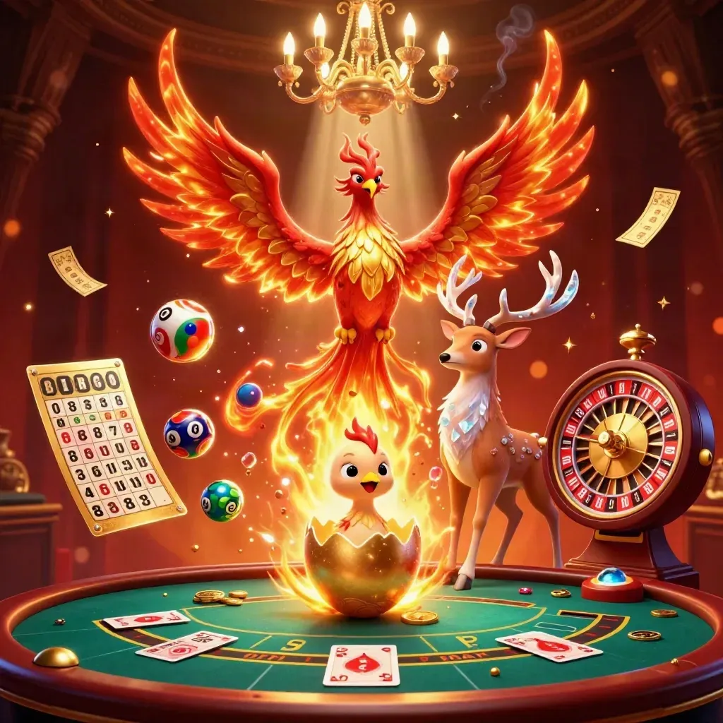 Phoenix, hatching egg, crystalline stag amid casino lights, lottery balls, wheel, cards, and gold glow.