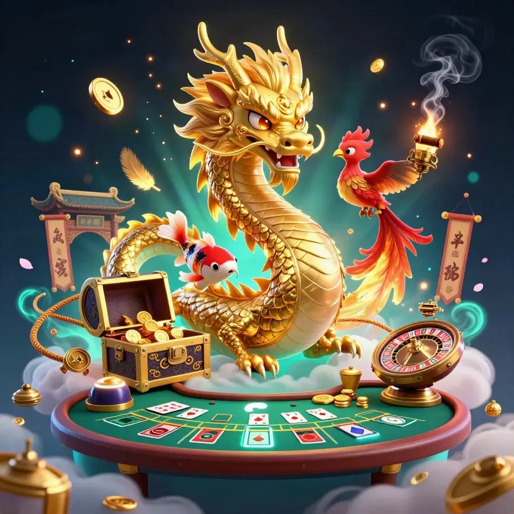 Golden dragon, phoenix, koi and casino props in a neon-lit luxury gambling scene.