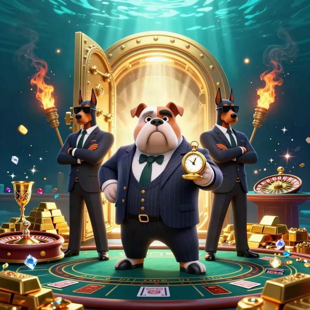 Bulldog boss with Doberman guards amid gold, gems, vault light, and casino flair