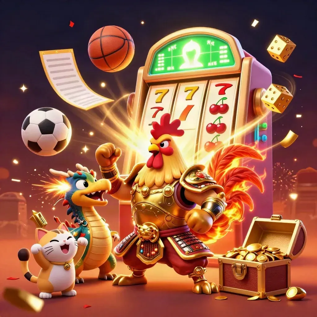 Rooster warrior, dragon hatchling and lucky cat amid casino bursts and sports props.