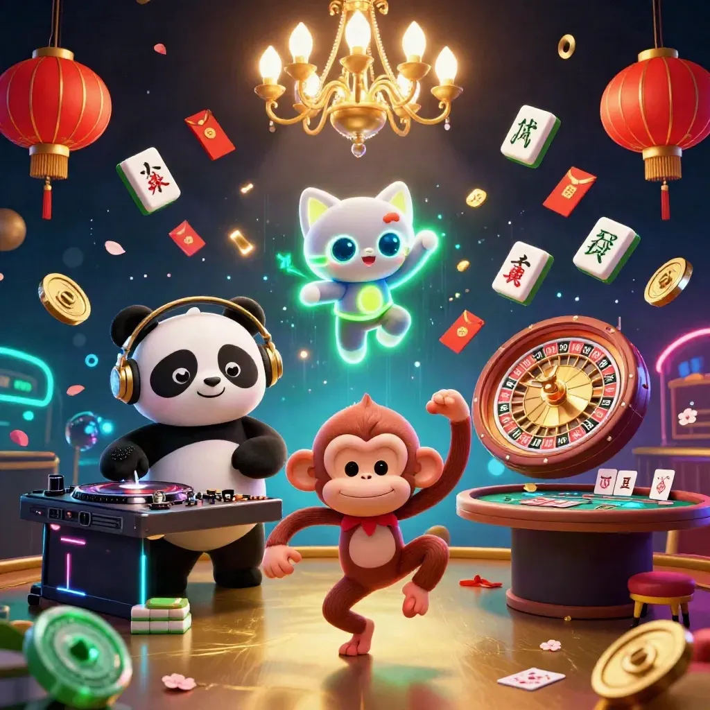 Panda DJ, breakdancing monkey, and glow-stick kitten in a luxe neon casino scene.