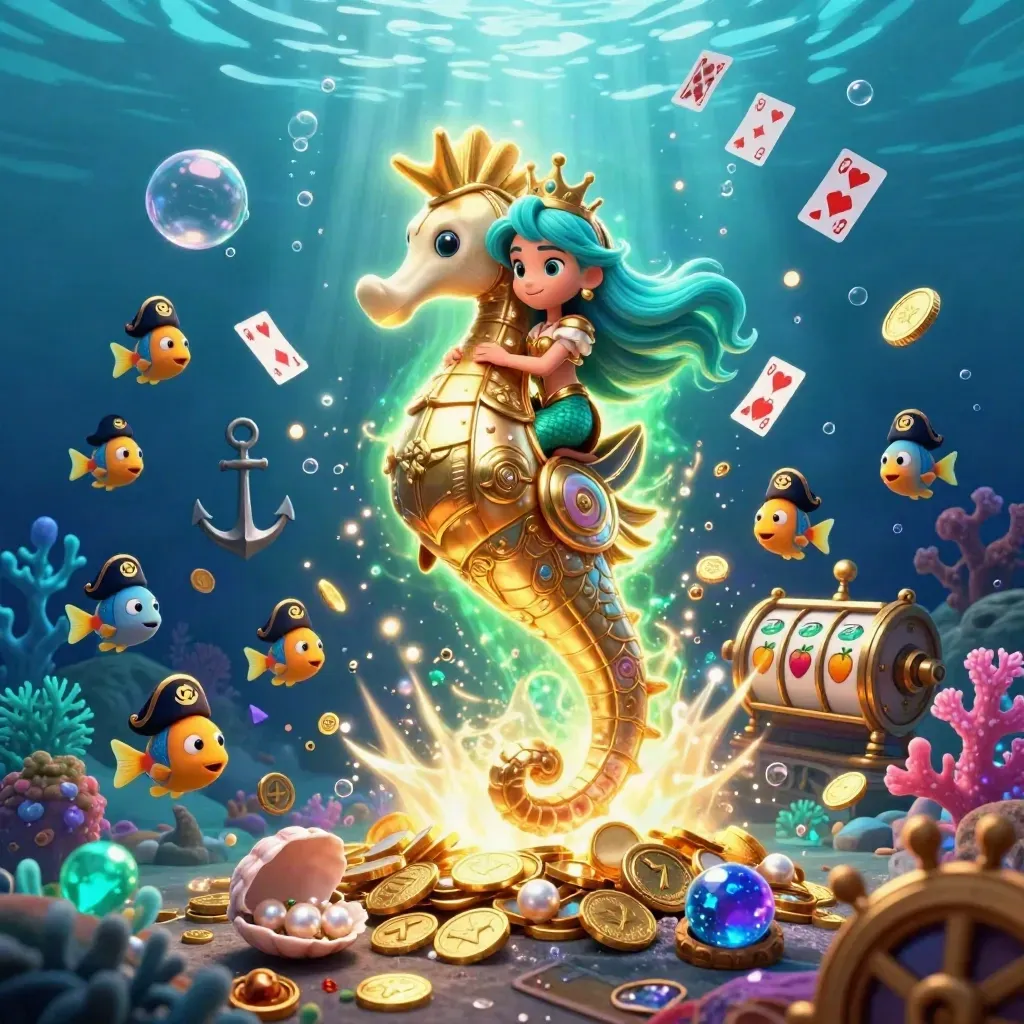 Mermaid princess on armored seahorse in treasure cove, coins, fish, coral, reels, and bubbles.