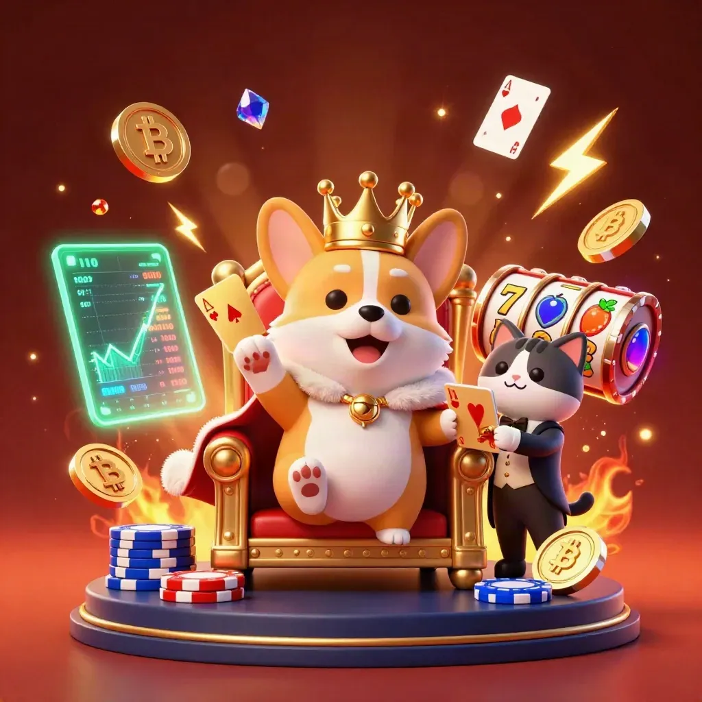Royal corgi king and cat butler on chips amid crypto coins, lightning, and casino effects