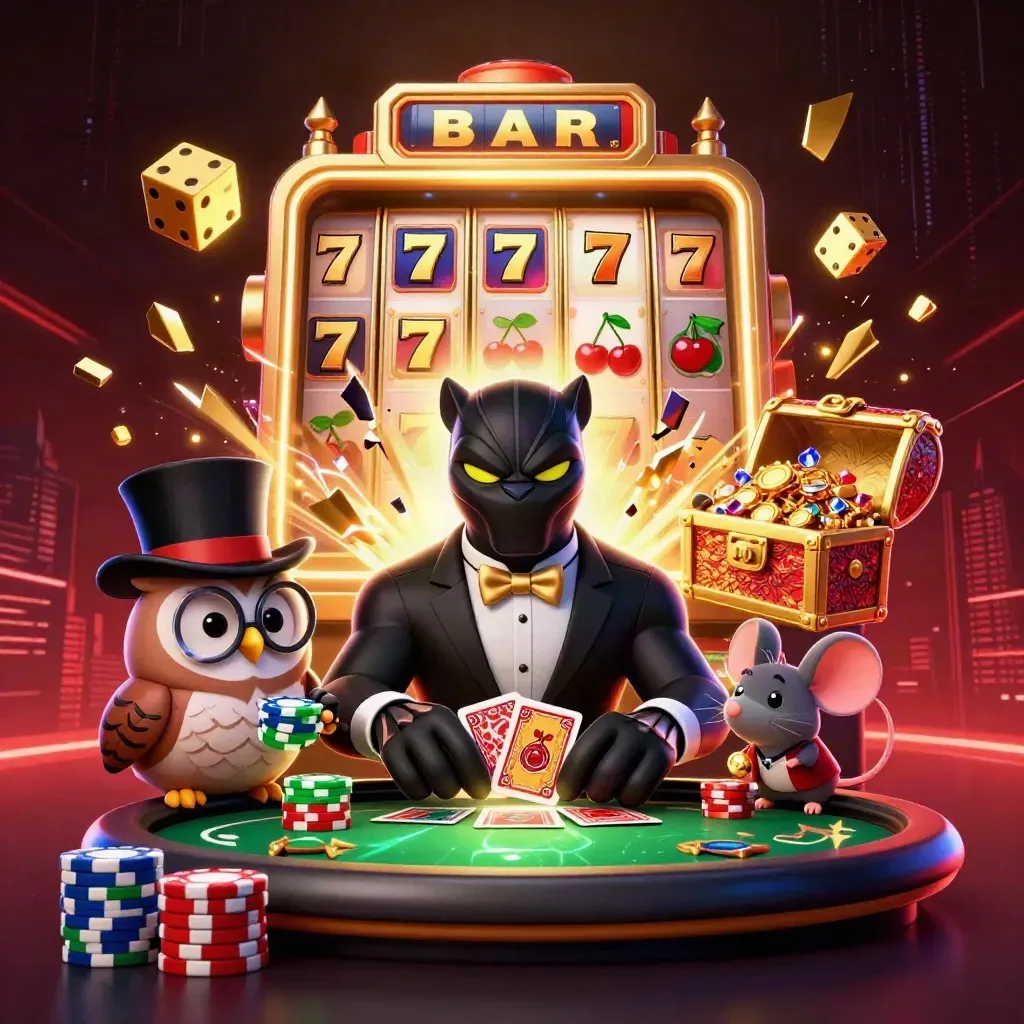 Panther, owl, and mouse blast casino riches from an exploding slot machine in green and gold.