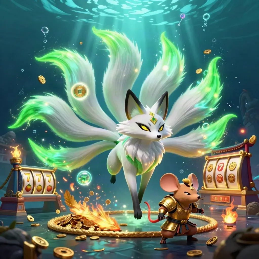 Nine-tailed fox spirit and armored mouse in a neon underwater treasure burst