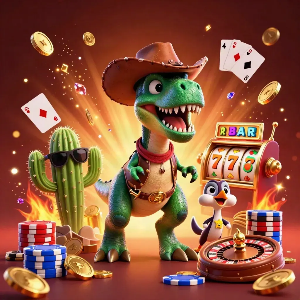 Cowboy T-Rex, cactus sidekick, and roadrunner amid casino treasure bursts