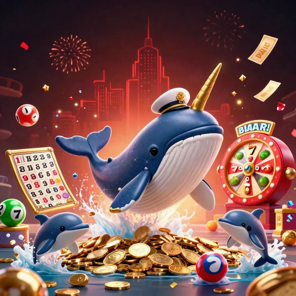 Neon casino whale captain, narwhal, and dolphins burst through coins and treasure.