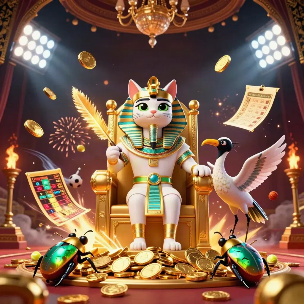 Pharaoh cat, ibis scribe, and gem-wing scarabs amid coins, fireworks, balls, and a glowing trophy