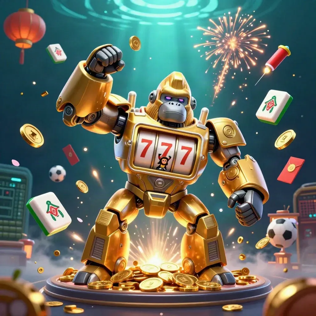 Golden gorilla mech with monkey pilot, coins, lanterns, fireworks, and sports betting icons exploding in a dark neon scene.