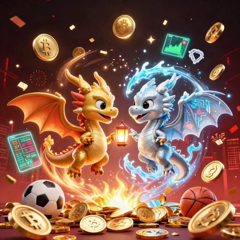 Gold and silver dragons burst from a vault with coins, sports props, and neon casino energy.