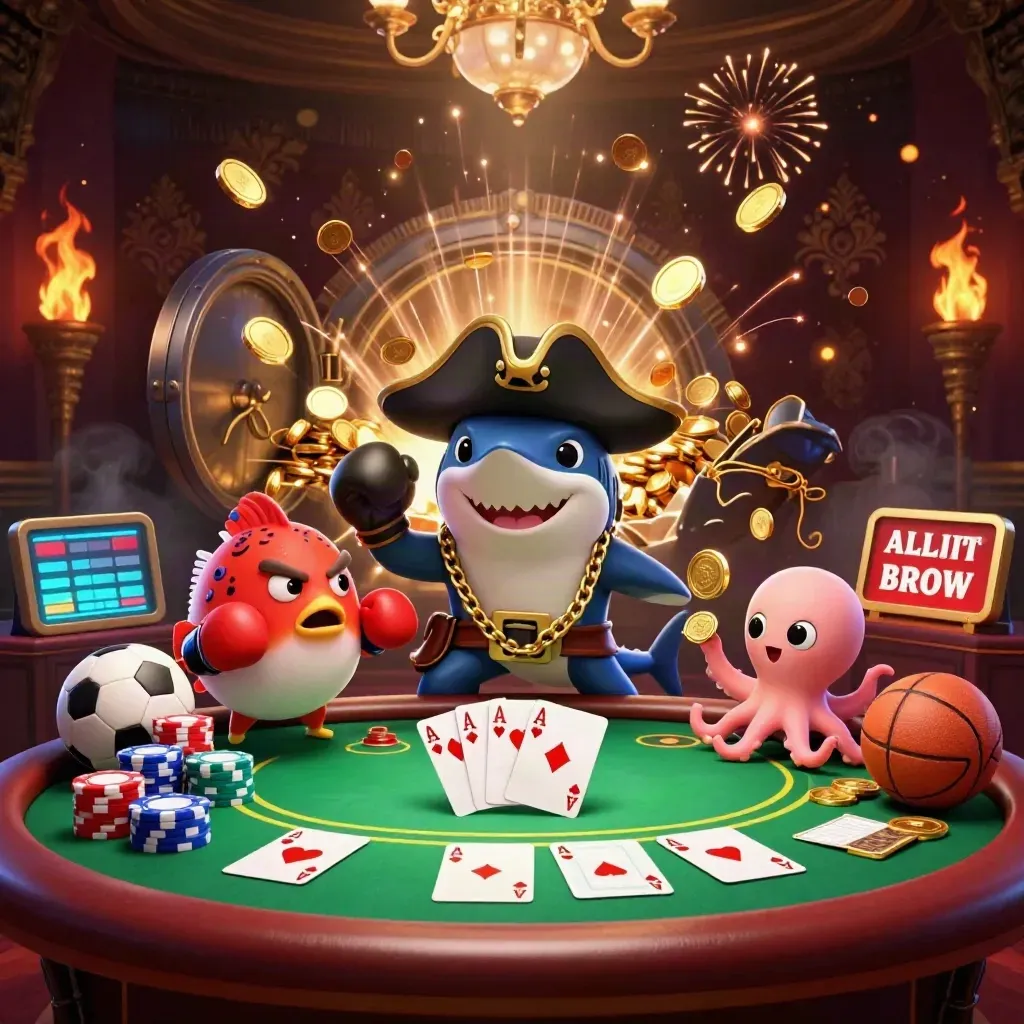 Pirate shark, pufferfish, and octopus amid gold coins, poker chips, and casino fireworks.