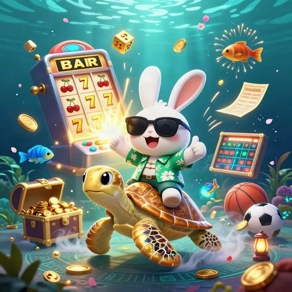 Rabbit on gold turtle amid casino burst, coins, fish, and glowing underwater fireworks.