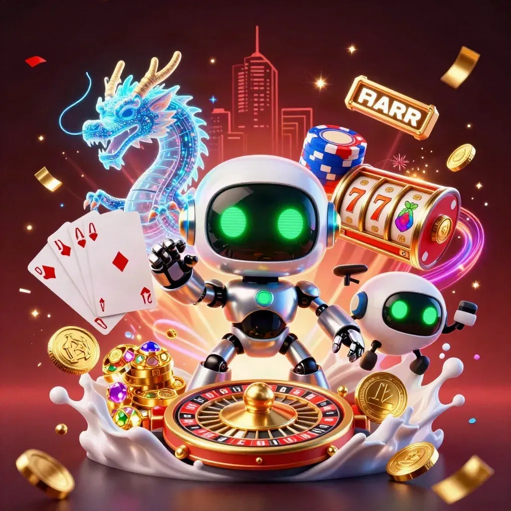 Cyberpunk robot, hologram dragon, and coin drone amid casino effects and neon city glow.