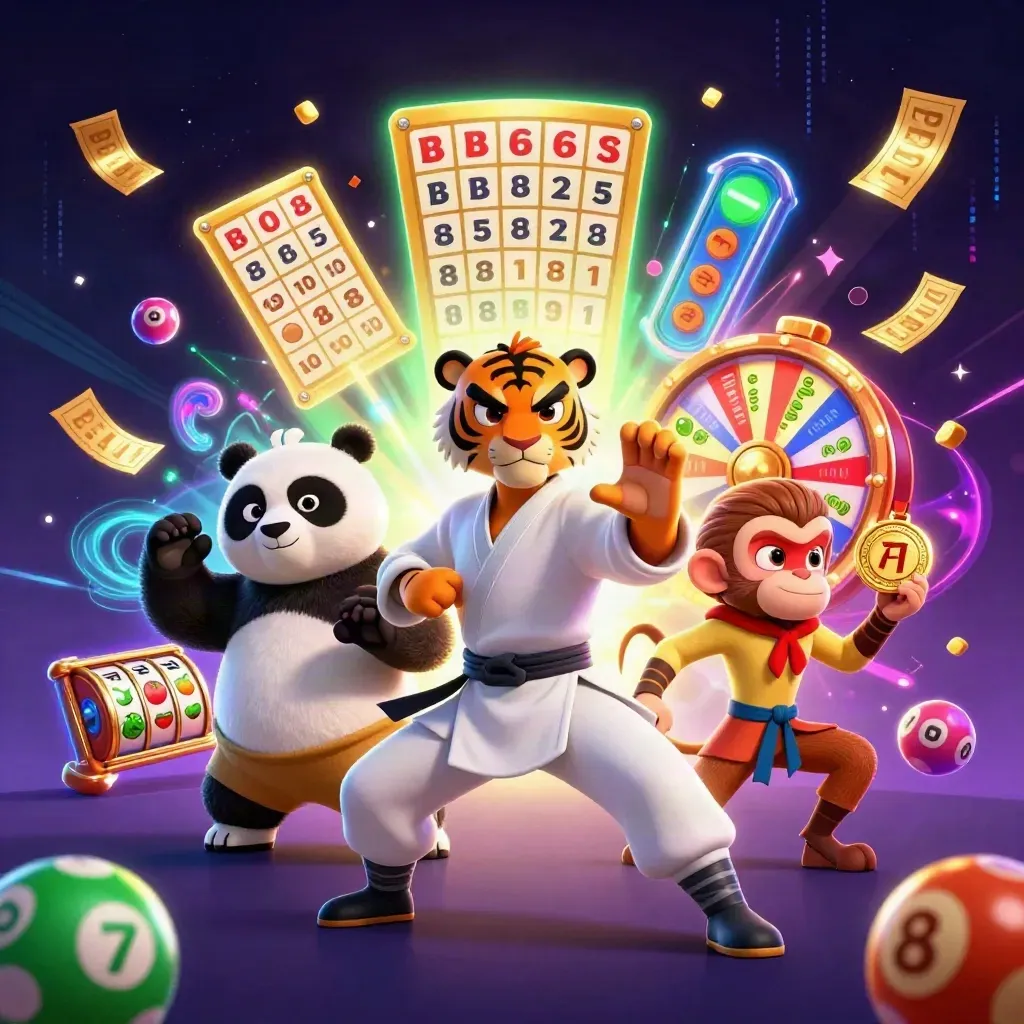 Kung-fu tiger, panda, and monkey amid casino game effects in neon purple and gold.