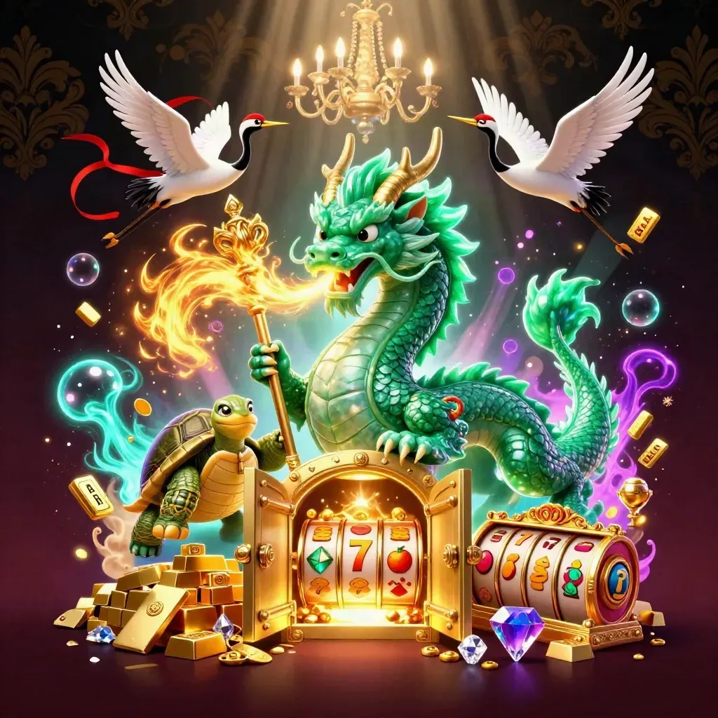 Jade dragon, turtle sage, and cranes burst from a golden vault amid casino loot and neon light.