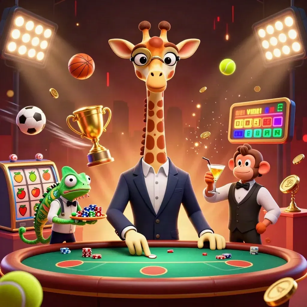 Giraffe high roller, monkey valet, and chameleon bartender amid casino sports chaos.
