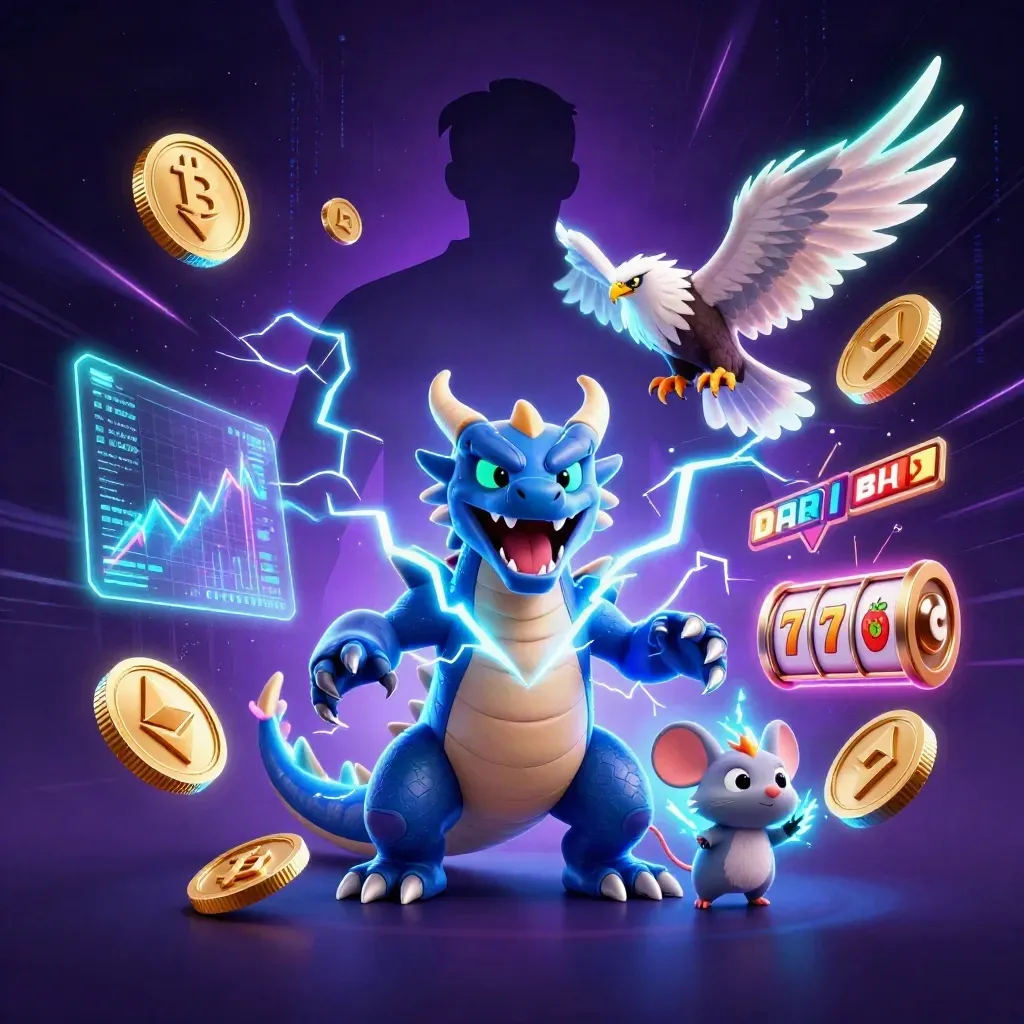 Thunder dragon, wind hawk, and crackling mouse in neon casino key art with coins, lightning, and reels.