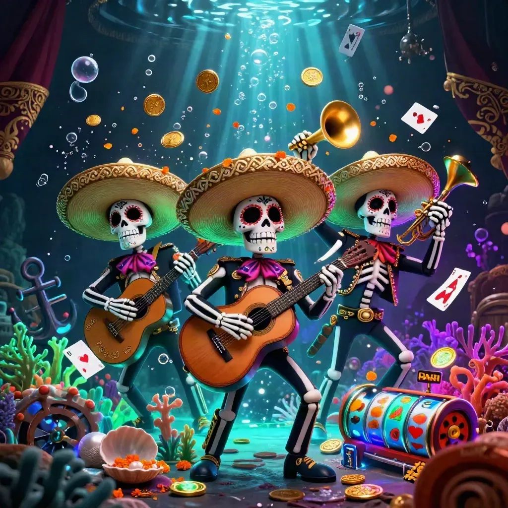 Skeleton mariachi trio amid underwater treasure, gold coins, fruit reels, and neon casino glow.