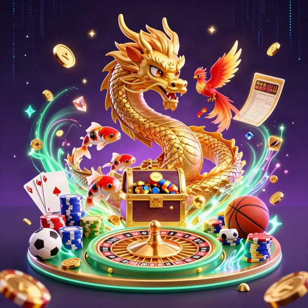 Golden dragon with phoenix, koi, coins, chips, cards and casino icons on a neon purple backdrop.