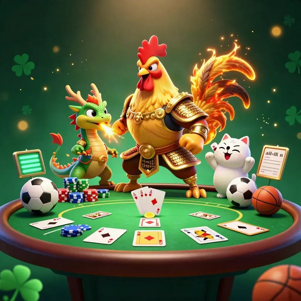 Rooster warrior, dragon hatchling, and fortune cat amid casino cards, chips, and neon gold sparks.