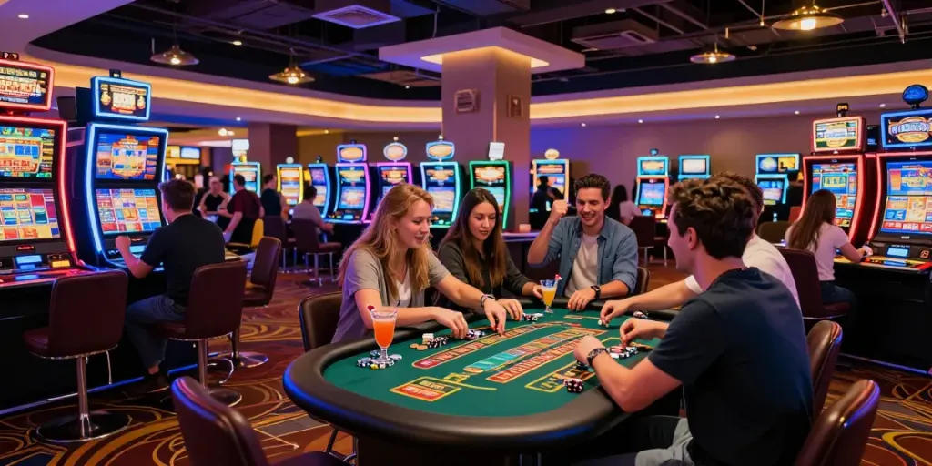 Dynamic casino scene showcasing the excitement of gaming with friends at Lucky777.