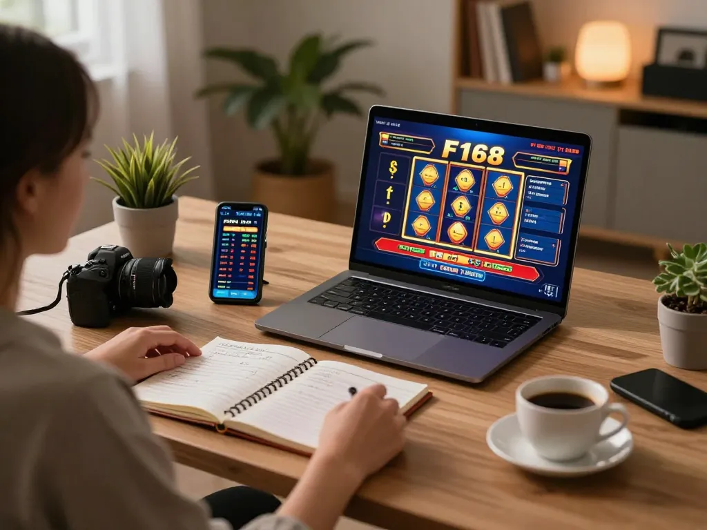 Engaging gaming scene featuring F168 slots and live dealer action on a modern laptop